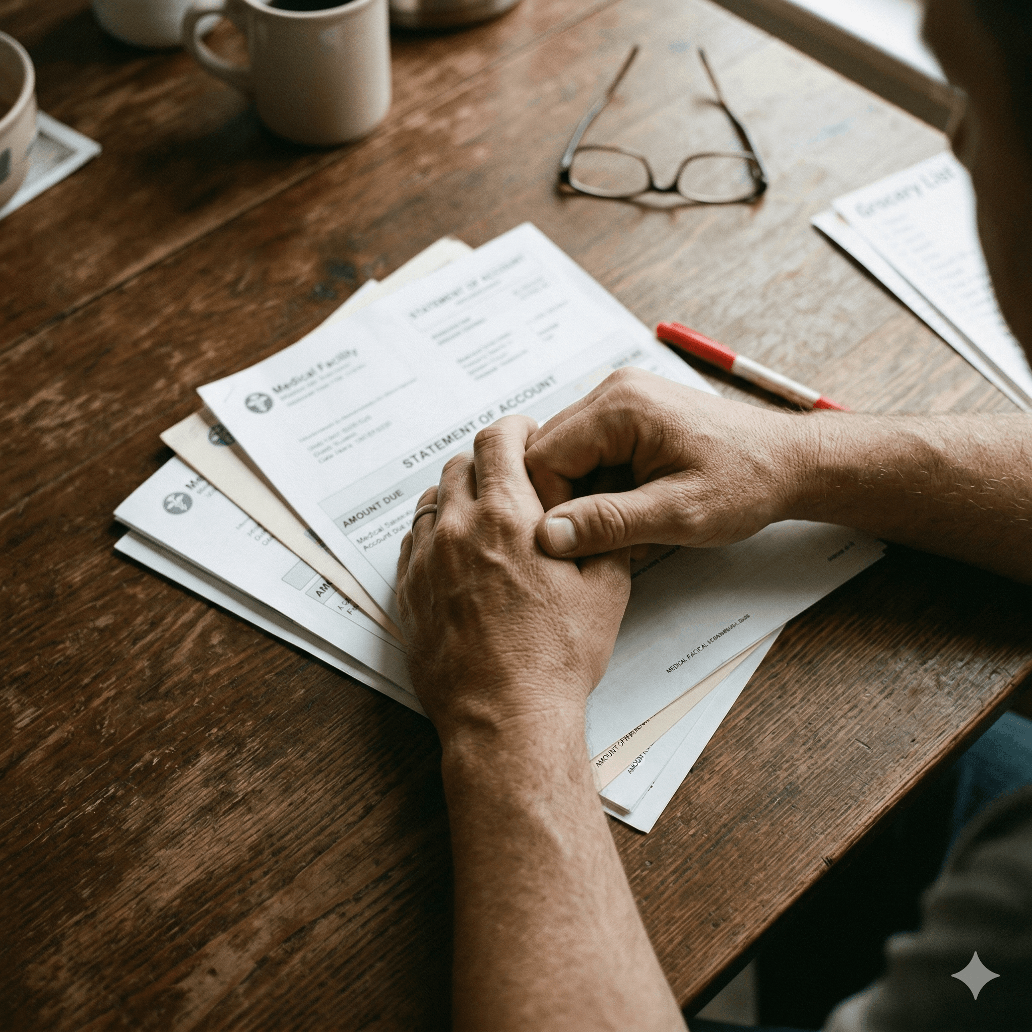 Hands resting on a stack of medical billing statements