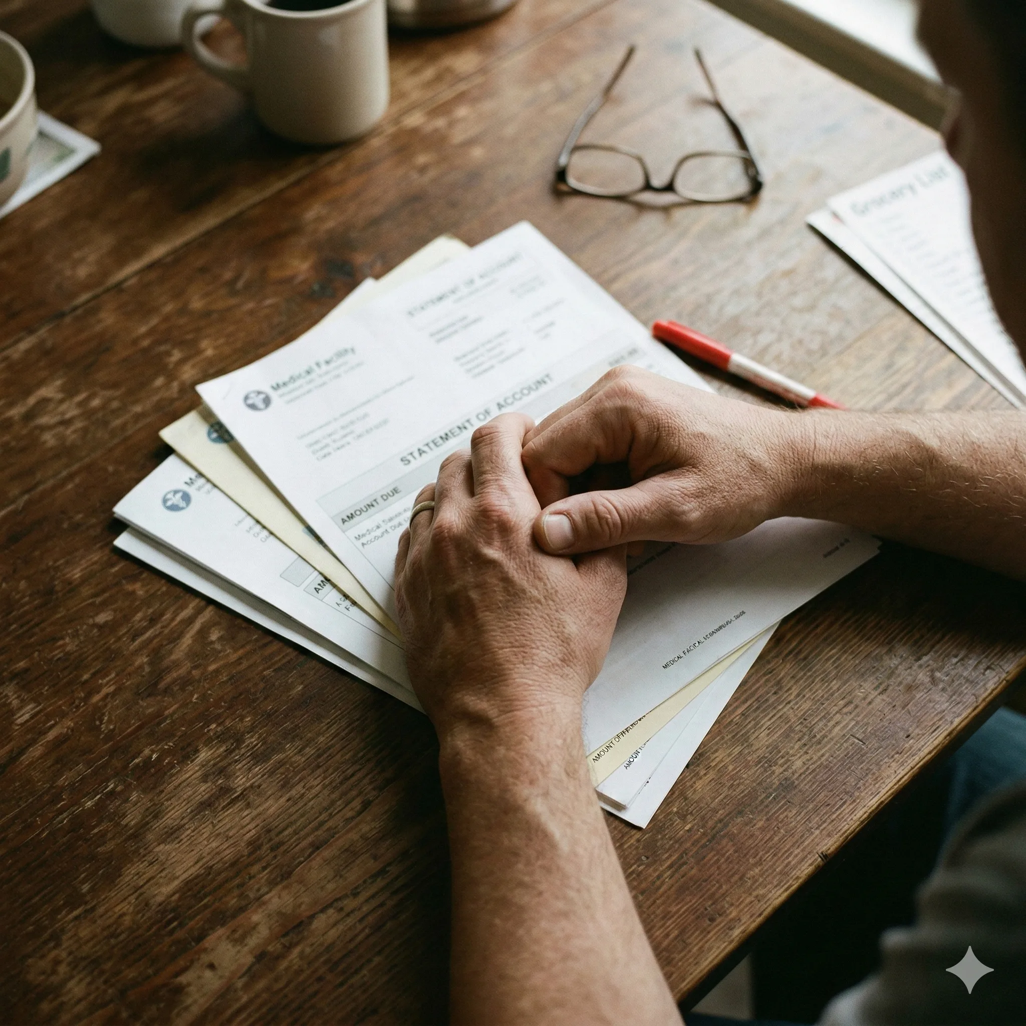 Hands resting on a stack of medical billing statements